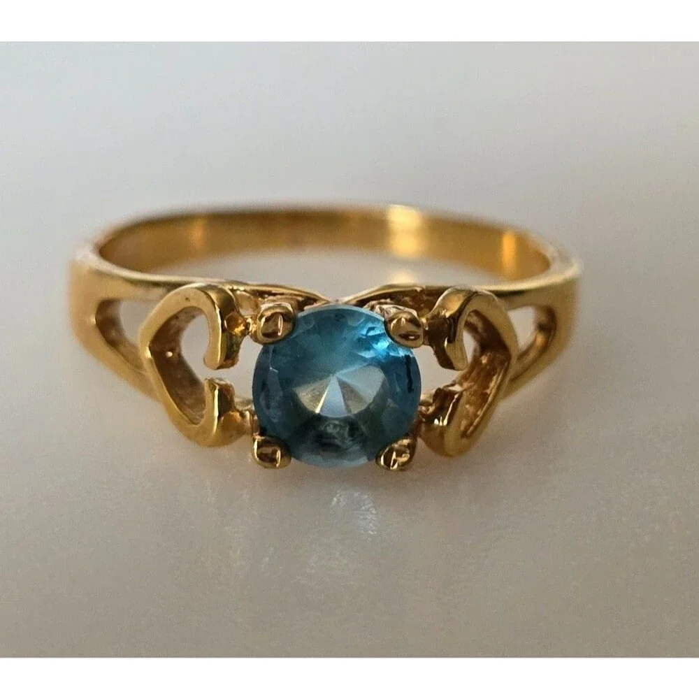 Gold plated blue aqua marine color stone ring sizes 4 8 heart *